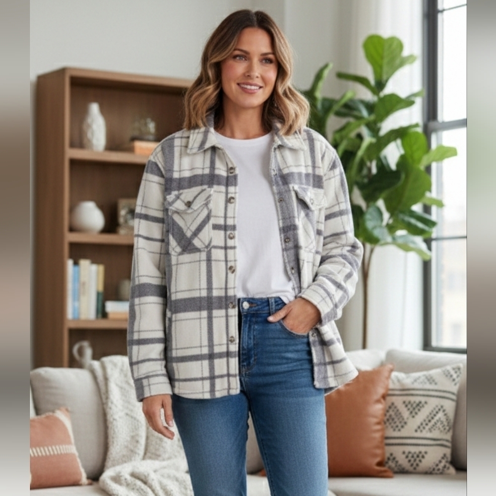 Sage Women S/CH Plaid Super Plush Sherpa Lined Fleece Shirt Jacket White Gray